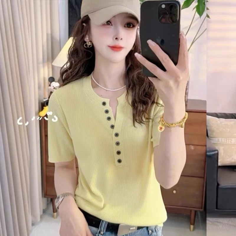 精品/莱赛尔天丝-小V设计/冰薄透凉针织短袖A285黄