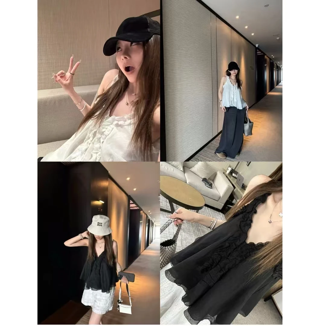 夏季法式甜美高级感木耳边V领吊带宽松气质无袖上衣女