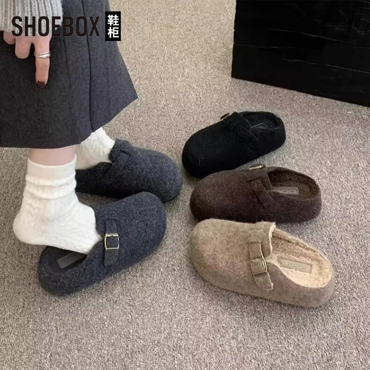SHOEBOX鞋柜厚底勃肯鞋包头半拖鞋女2025新款秋冬松糕毛毛拖鞋