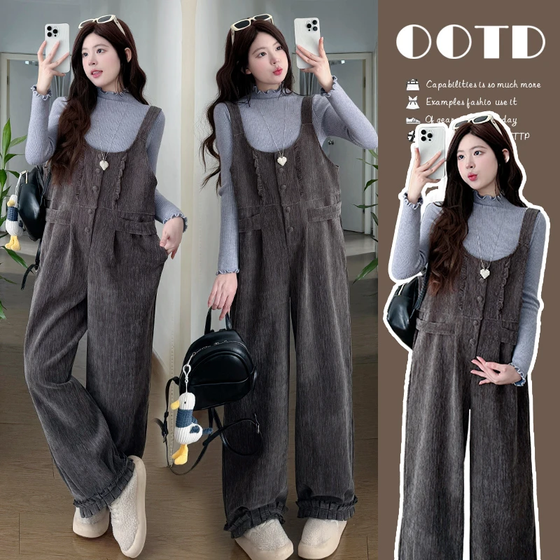 2026冬季时尚洋气高级设计感加绒背带裤两件套重工艺孕妇装