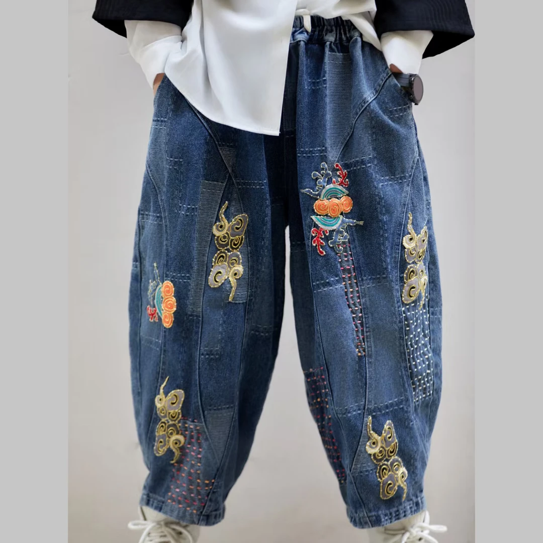 春秋绣花哈伦裤四季款文艺风时尚牛仔裤女宽松刺绣破洞民族风复古