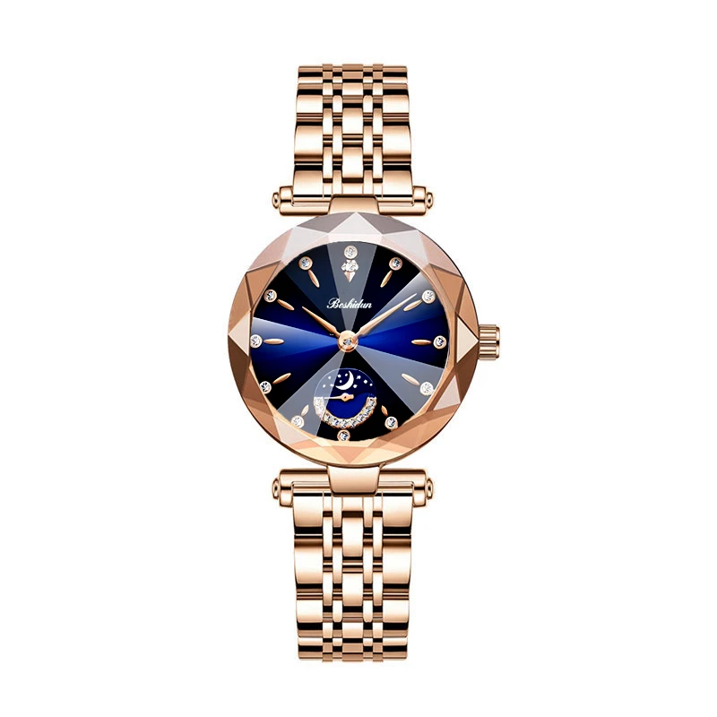 海洋蓝月相星辰款独立秒针防水女表石英表8131专属