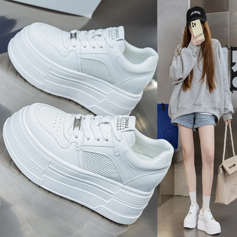 真皮小白鞋女2025夏季新款高级感厚底内松糕网面休闲板鞋子休闲鞋