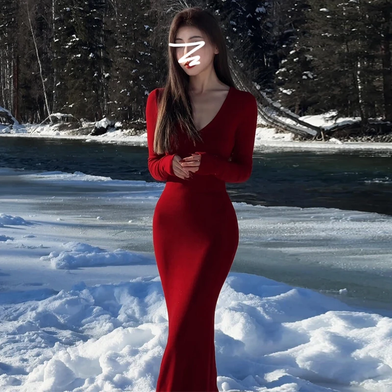 YouSee法式v领杏色包臀连衣裙子女装秋冬季秋季高级感长裙8781