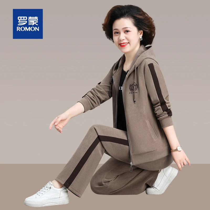 罗蒙气质妈妈春秋时尚休闲运动服套装女两件套韩版中老年运动服