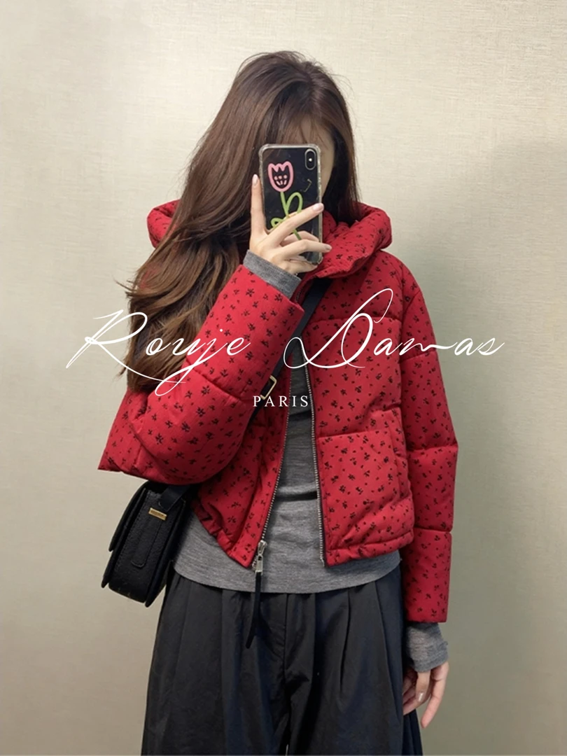 红色碎花连帽短款棉服女2025秋冬新款小个子加厚保暖面包服短外套