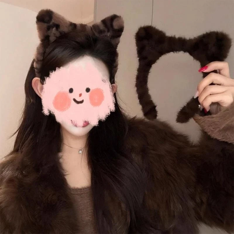 豹纹毛绒洗脸发箍女2025新款秋冬可爱冬季蝴蝶结头箍发捆防滑发卡