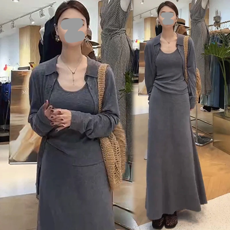 韩系休闲时尚套装女春秋新款针织开衫外套吊带背心半身裙子三件套