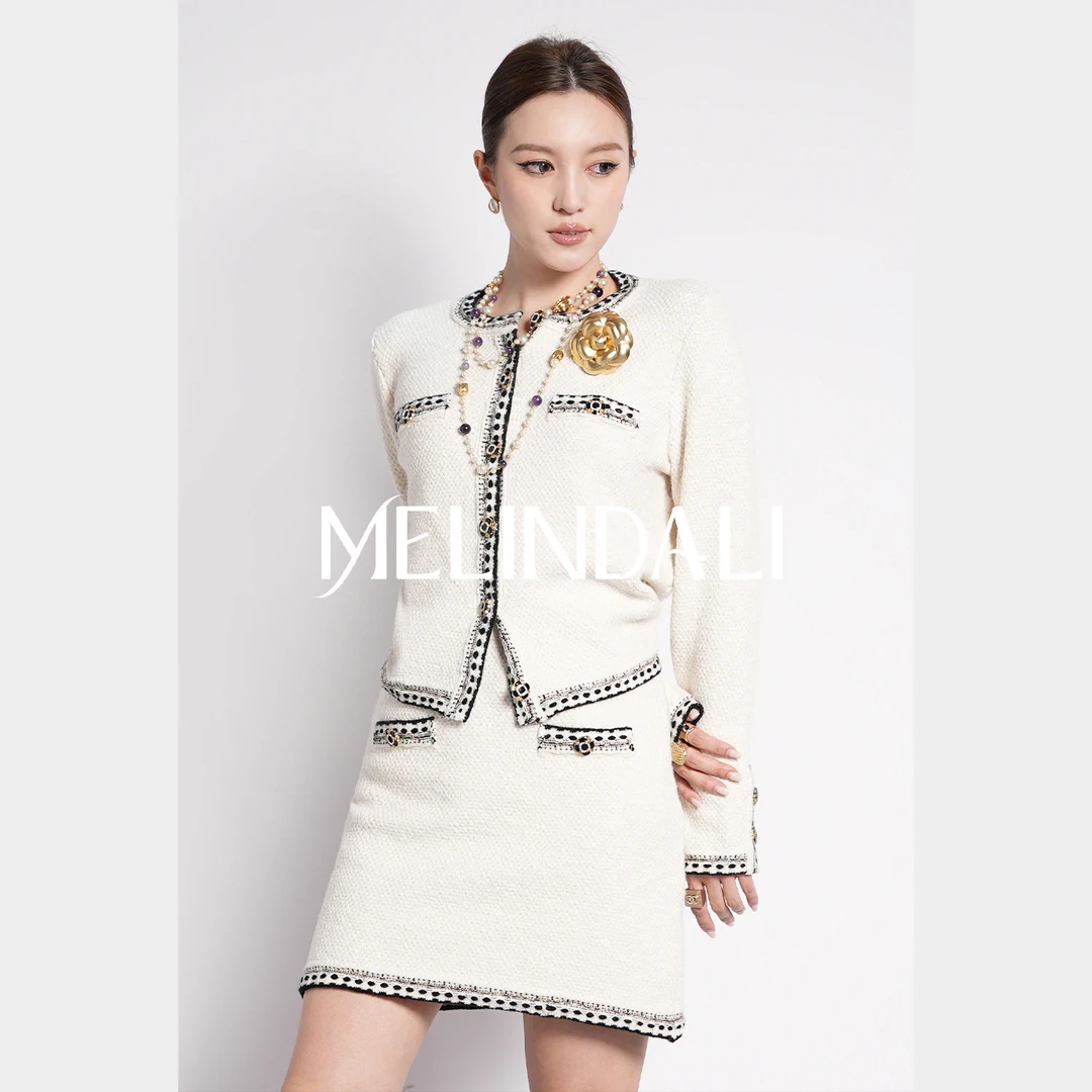 Melinda Li【白松露】经典小香风金葱花纱手工织带针织外套半裙套装