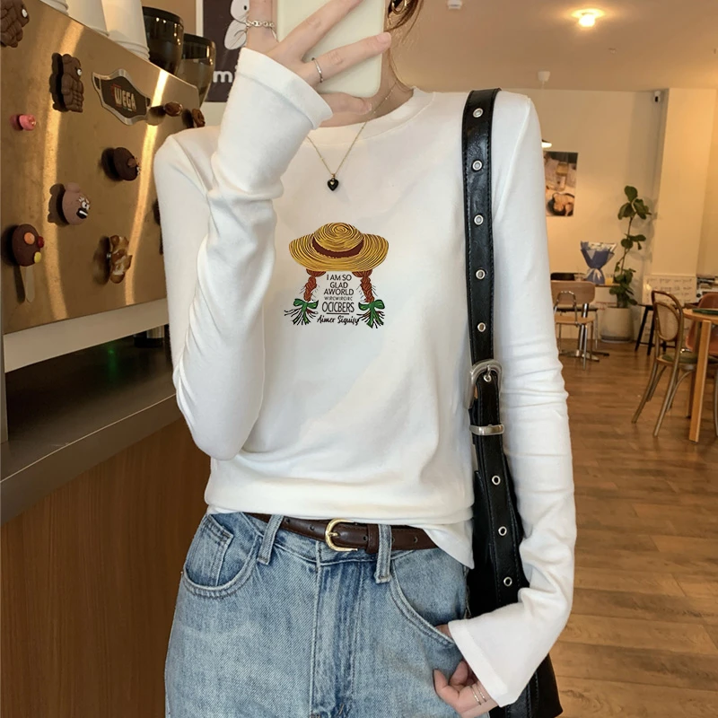 欧货白色纯棉长袖T恤女春秋冬新款内搭印花打底衫高级感ins上衣