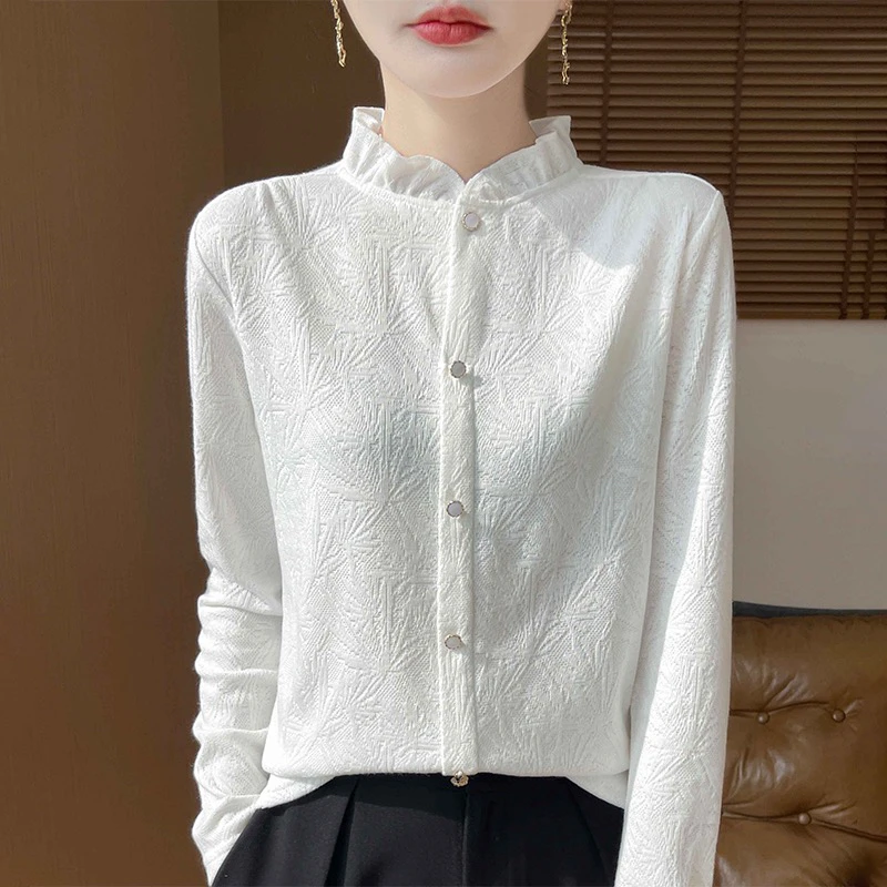 轻奢法式高级感木耳边蕾丝边领针织打底百搭女半高领提花长袖衬衣