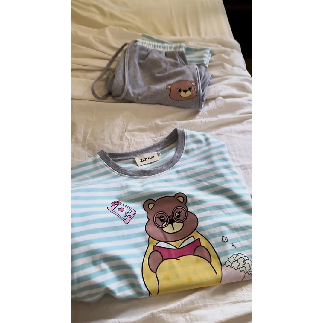 可爱卡通小熊印花条纹长袖睡衣女款爆款早秋季拼接长裤家居服套装