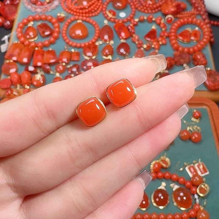 南红玛瑙银S925镶嵌耳饰高货9+