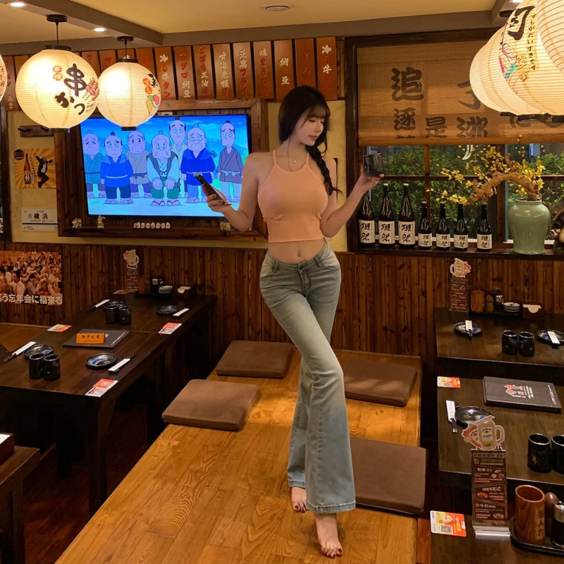 Liuu嘻嘻阿低腰喇叭牛仔裤夏季新款复古磨白chao好版型浅色微喇裤