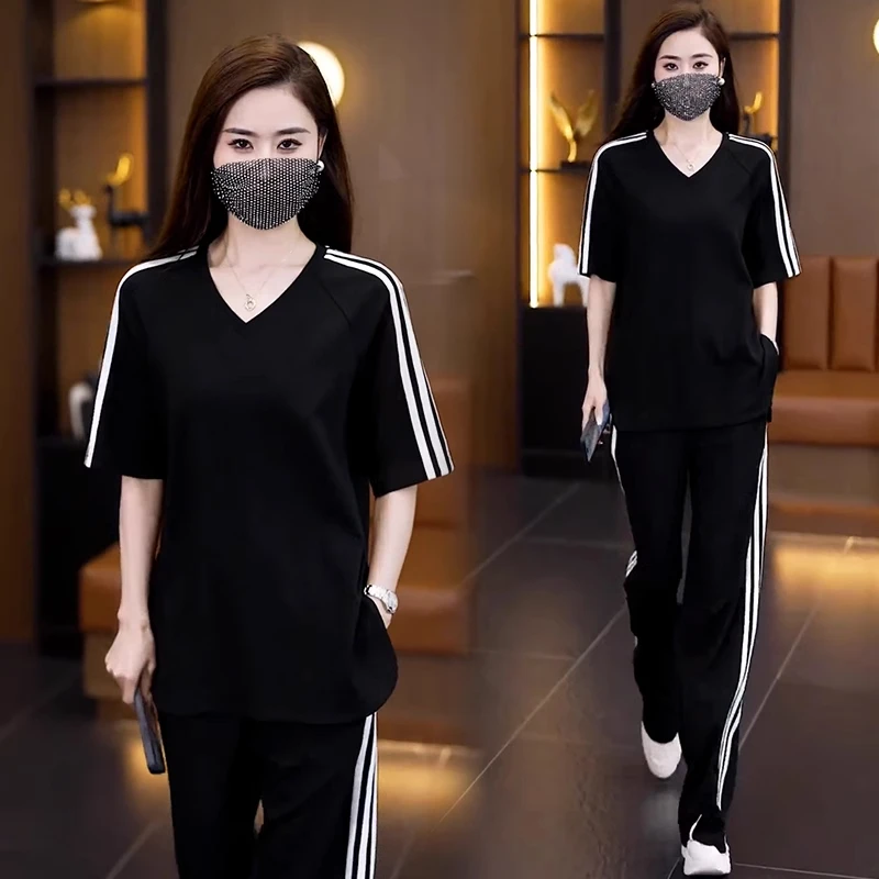 冰丝运动套装女2025夏季时尚宽松显瘦V领短袖阔腿裤休闲两件套潮