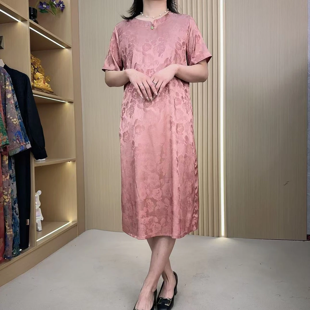 国风新款樱花粉贵气妈妈装遮肚子显瘦时尚减龄连衣裙6541 104