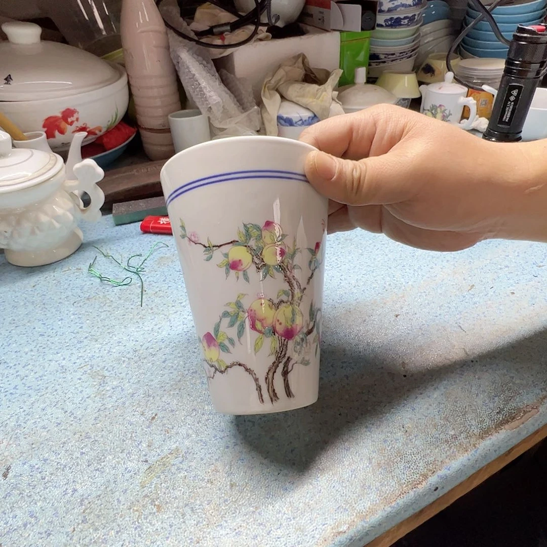 瓷景德镇高温陶瓷淡影青桃可乐杯2支