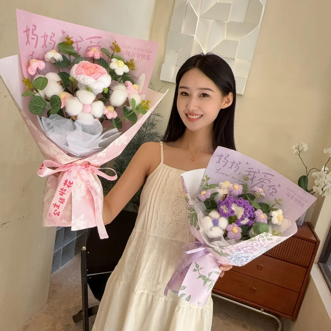 母亲节礼物海派绒线针织花毛线花康乃馨侧手捧送妈妈成品发货
