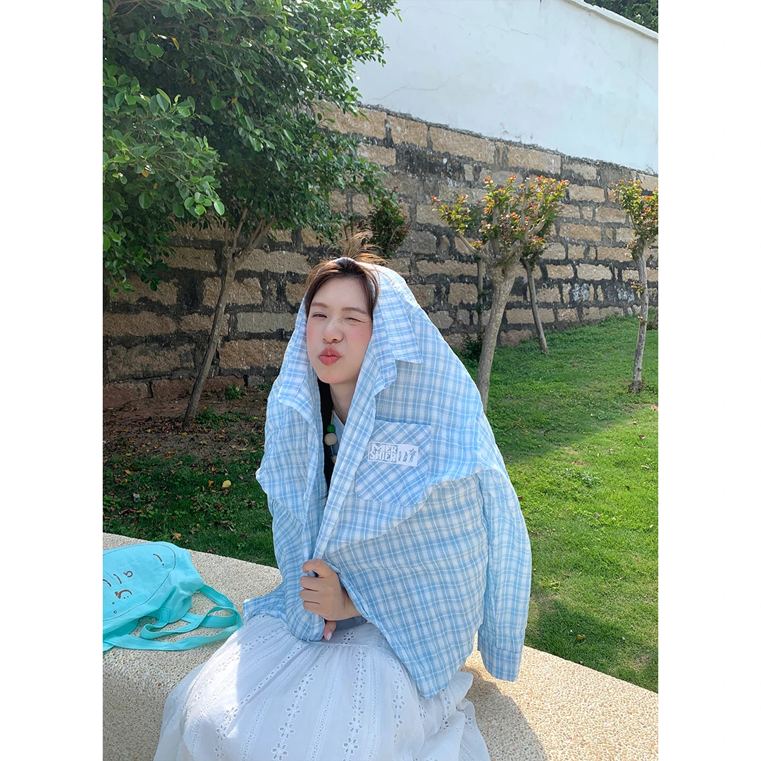 NIDEBLACK韩系少女蓝色格子防晒衬衫慵懒风夏季翻领宽松上衣外套