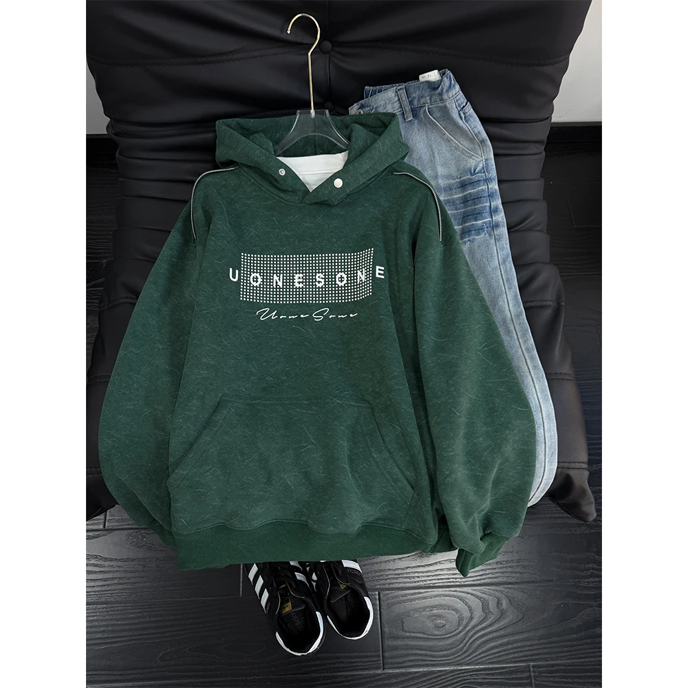 美式复古硅胶印花卫衣男款秋冬季设计感加绒加厚情侣装连帽外套潮