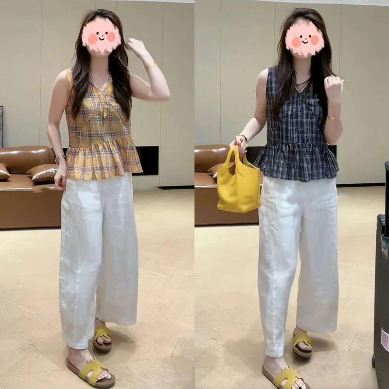 2025夏季新款法式V领减龄格子无袖修身上衣百搭设计感阔腿裤套装