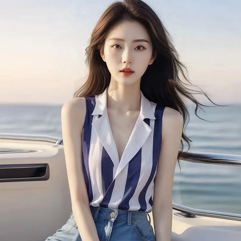 夏日法式设计感撞色竖条纹无袖上衣2025新款甜美洋气别致雪纺衬衫