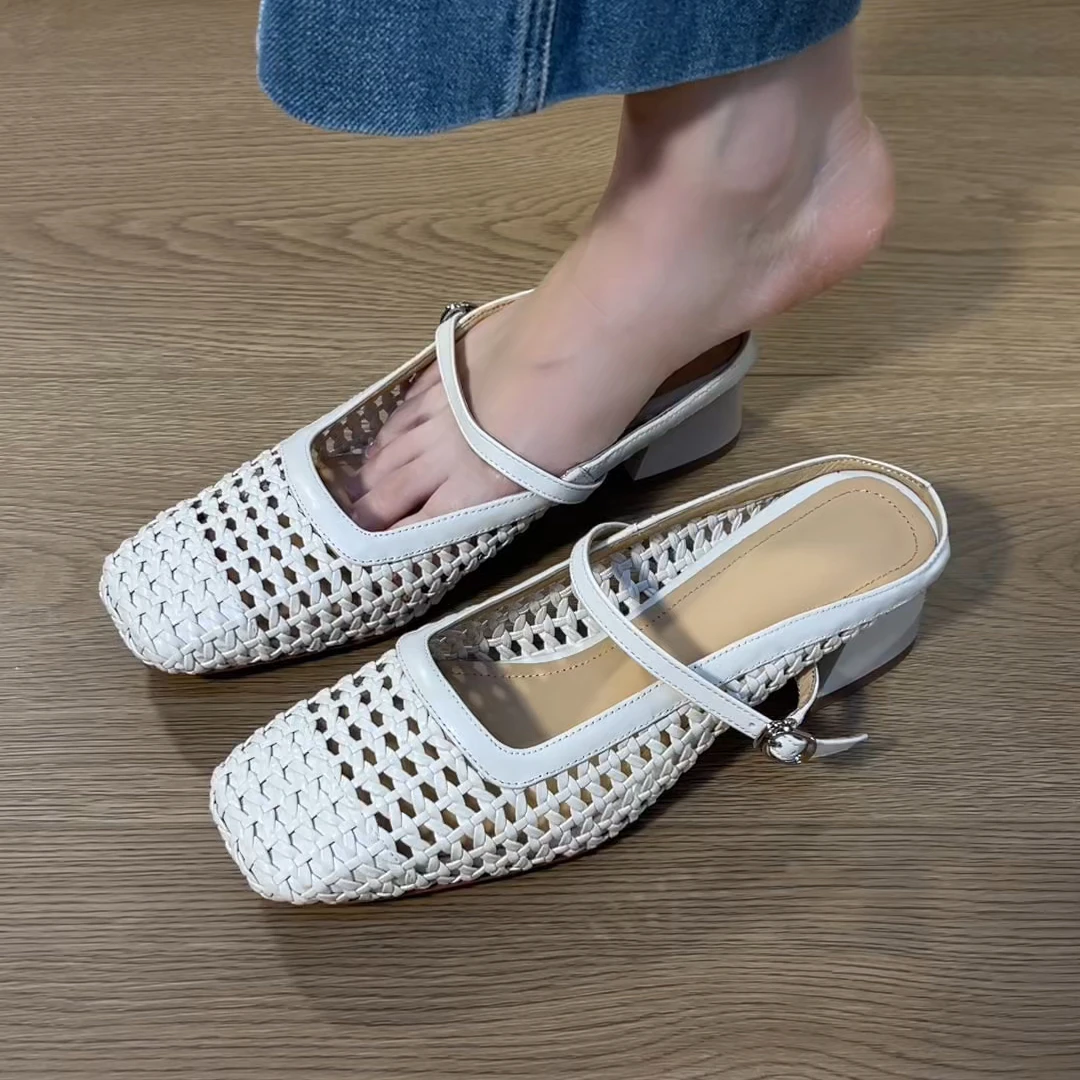 2025年新款巴黎度假~方头编织粗跟包头玛丽珍拖鞋女半拖凉拖百搭