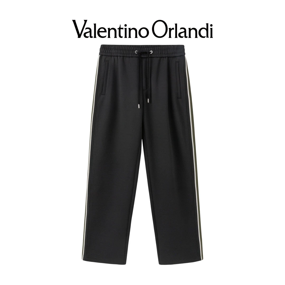 侧边条撞色松紧腰秋冬长裤1VK452099黑色加绒裤子休闲裤阔腿宽松