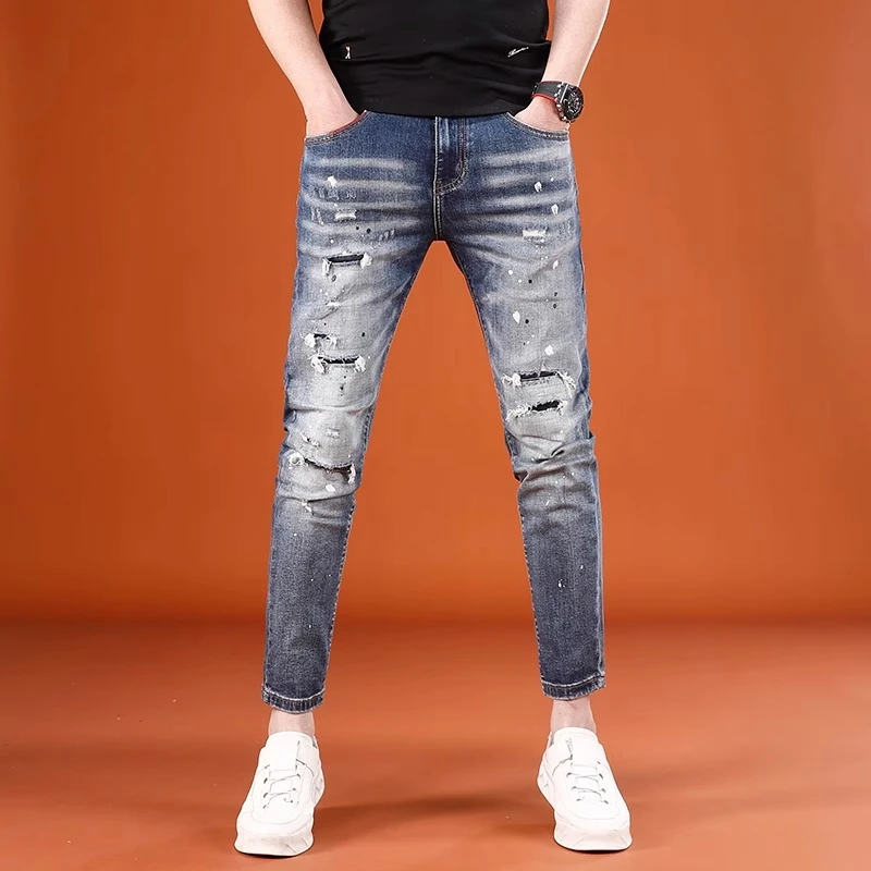 Cebrodz2025新款夏季泼墨印花九分牛仔裤男潮流时尚百搭弹力破洞