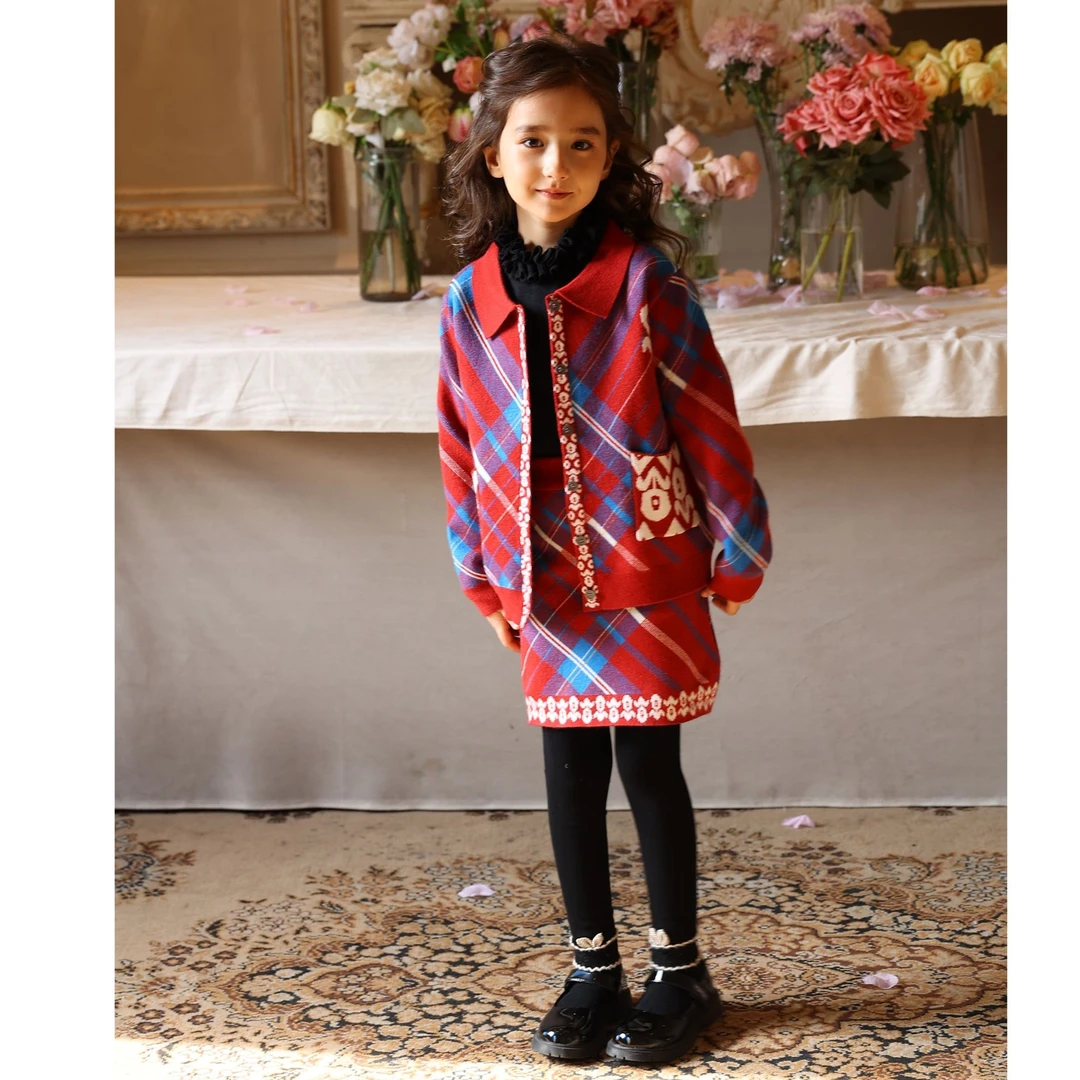 艾特莱斯女童套装毛衣针织开衫半身裙马甲三件套儿童宝宝秋冬