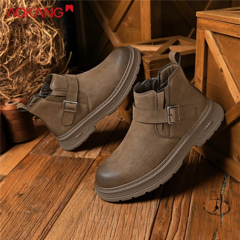 奥康正品工装风增高保暖圆头一脚蹬马丁靴加厚厚底棉靴加绒