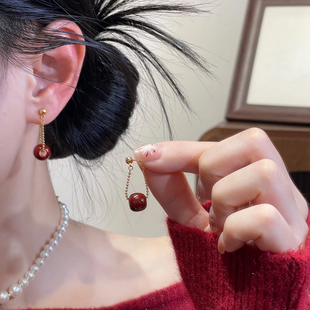 【澄意饰品】红色珠珠长款流苏耳环轻奢气质时尚百搭国风法式-8239