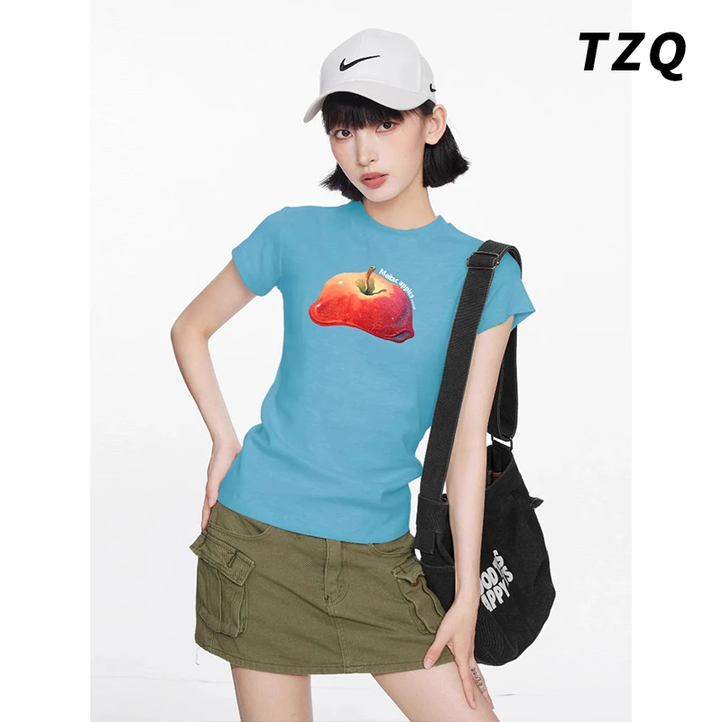 【奶油泡糊专属】美式蓝色印花正肩短袖t恤女夏季半袖紧身显瘦