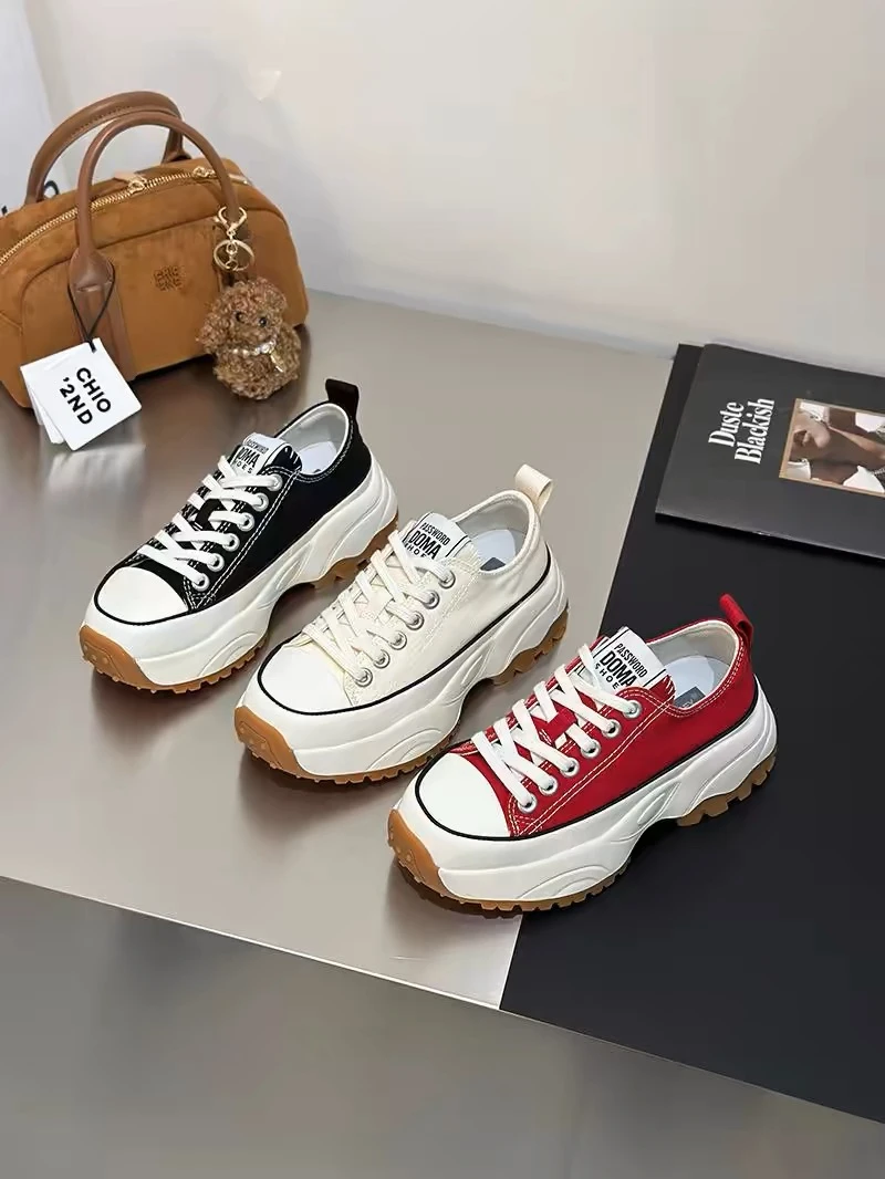 886-111小个子厚底红色低帮帆布鞋女2025增高透气百搭松糕休闲鞋