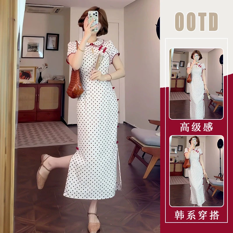 新中式复古红色小波点娃娃领收腰气质改良旗袍连衣裙女装2025夏季