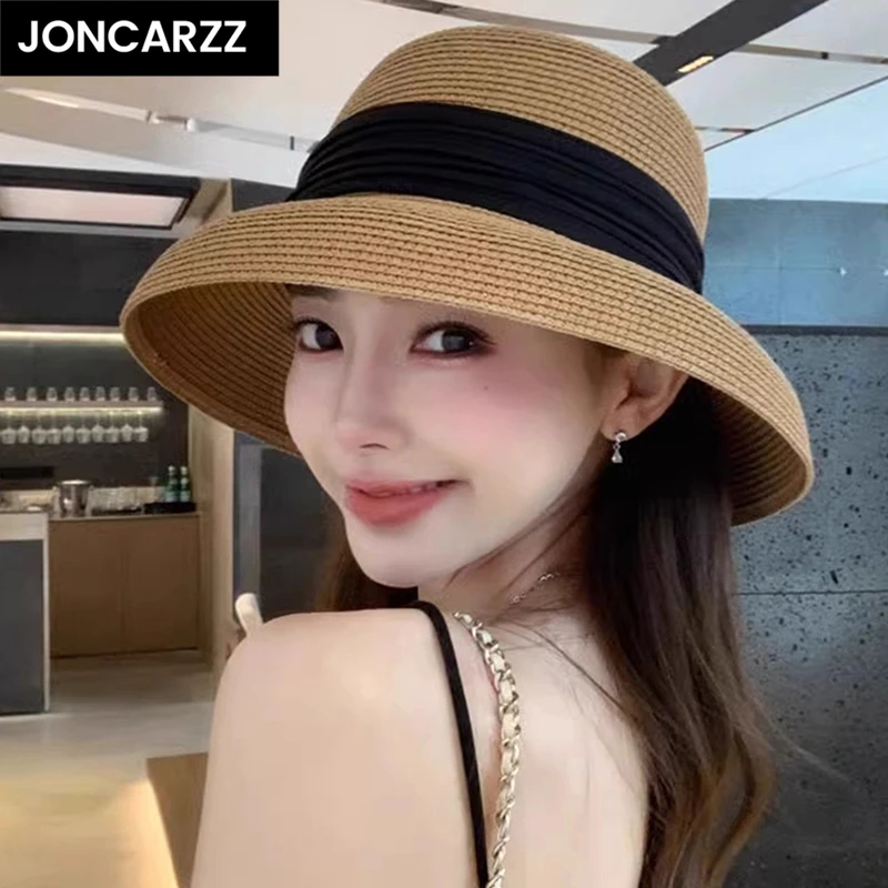 JONCARZZ防晒大帽檐草帽女新款赫本风灯罩帽气质遮阳帽时尚太阳帽