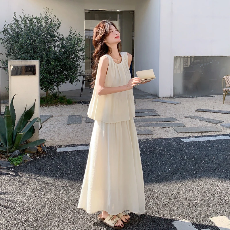 甜美法式无袖上衣半身裙2025夏季新款优雅气质温柔风高级感套装裙