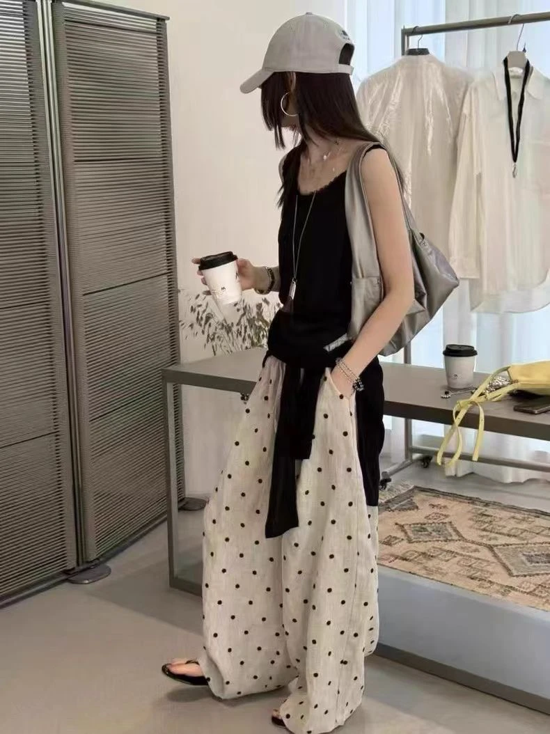 WHMT（9090#新）休闲慵懒拖地百搭波点裤（腰围64 裤长100）