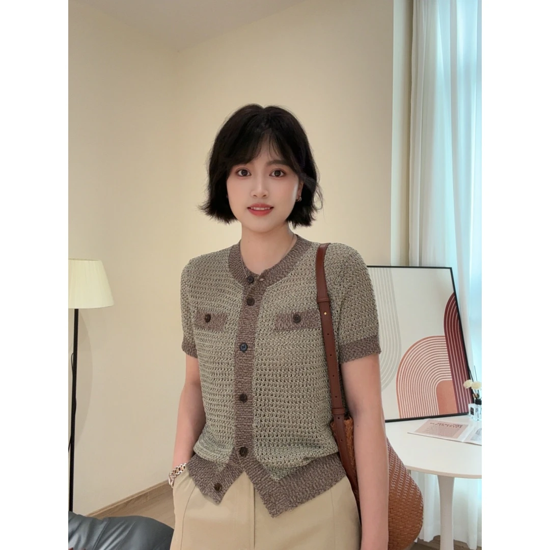 「亚麻小香」设计感小香风镂空显气质针织短袖T恤Q0350