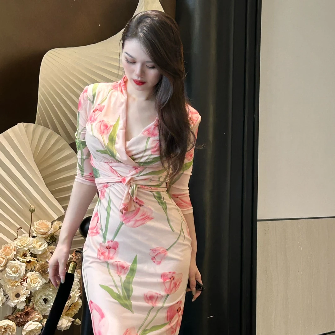 【黄大闪闪原创】(郁金香)气质性感玫瑰花修身显瘦连衣裙长袖SSQ63