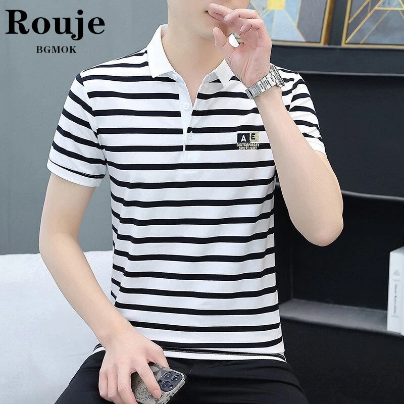 高级感男装百搭小个子夏季翻领休闲条纹Polo衫男士短袖t恤修身