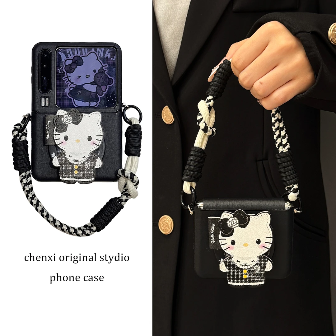 适用华为purax折叠屏手机壳黑色皮纹kt猫pocket2磁吸支架手提挂绳