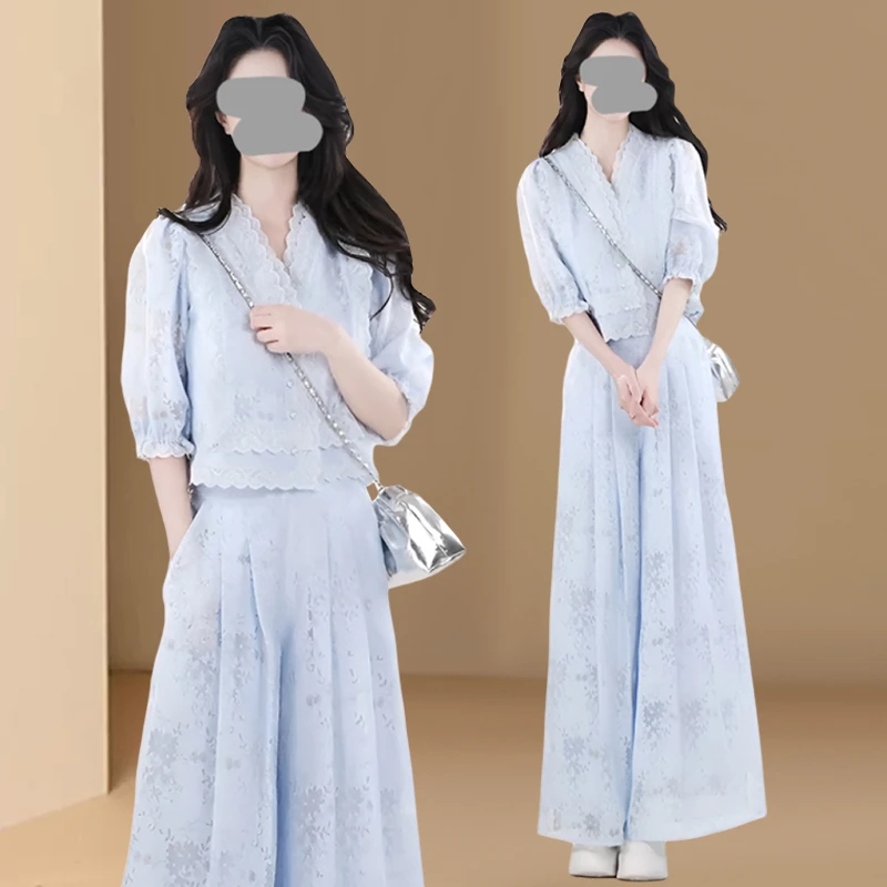 韩系高级感夏季套装女蓝色蕾丝衬衫一整套ootd穿搭新款高级两件套