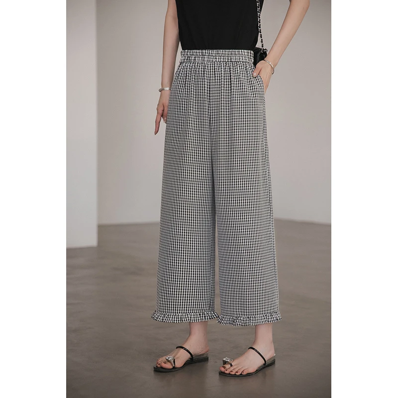 小谷粒格子休闲裤女小个子2025夏季新款阔腿显瘦气质高腰九分裤子