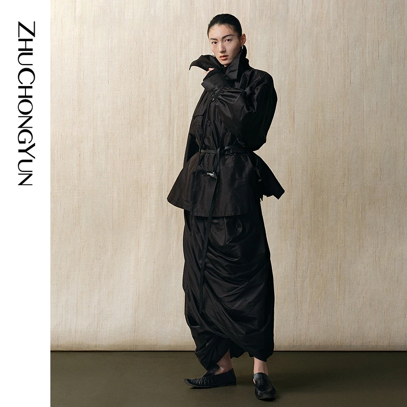 ZHUCHONGYUN2025春新款6A级桑蚕丝捏褶黑色宽松半身裙C1FZ13002