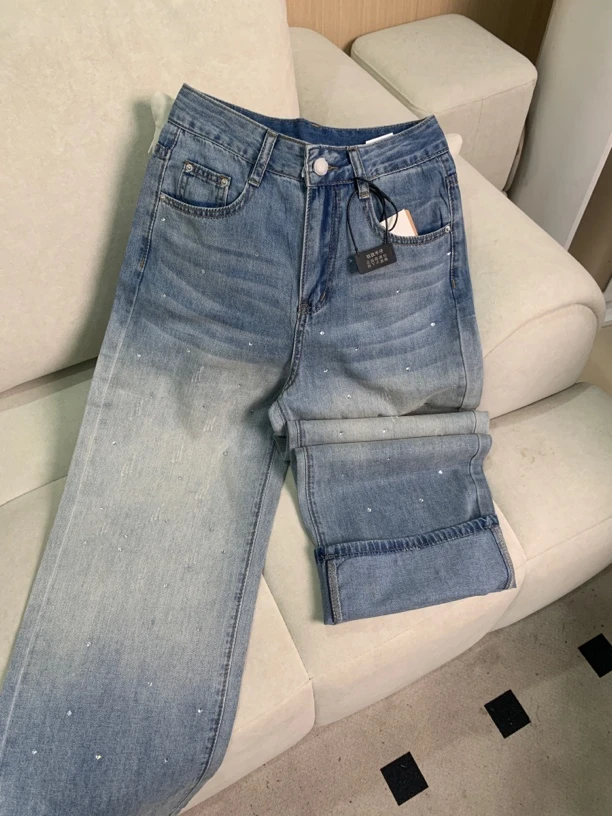 夏季薄款面膜裤2025新款窄板直筒阔腿牛仔裤女渐变高腰宽松显瘦