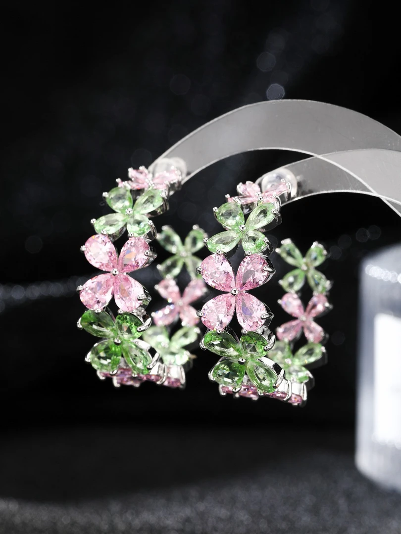 合金合成锆石耳饰 3932高级轻奢时尚C型彩色花朵耳环