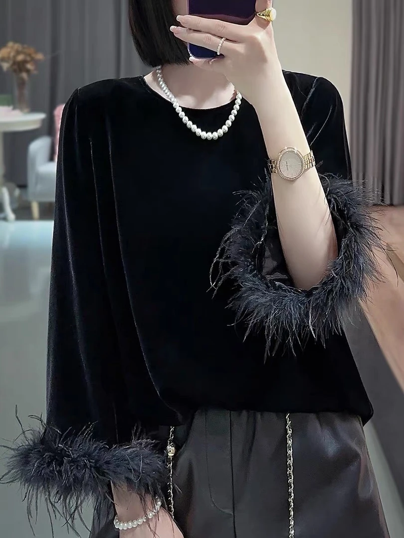 时尚气质高级感重工毛毛纯色丝绒上衣