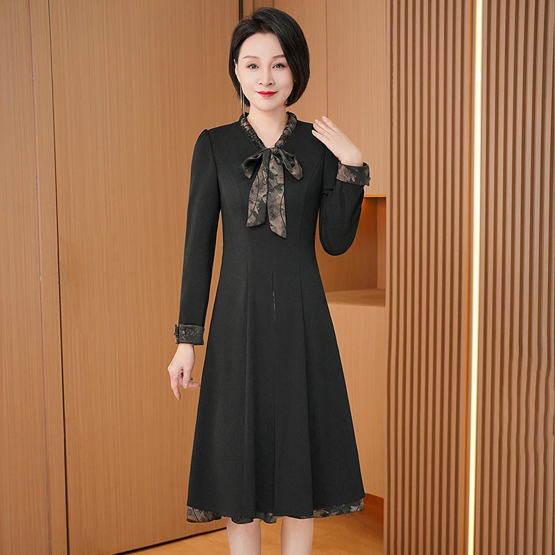 拉夏贝尔女装长袖连衣裙春秋2025新款十三行小个子高级感妈妈裙子