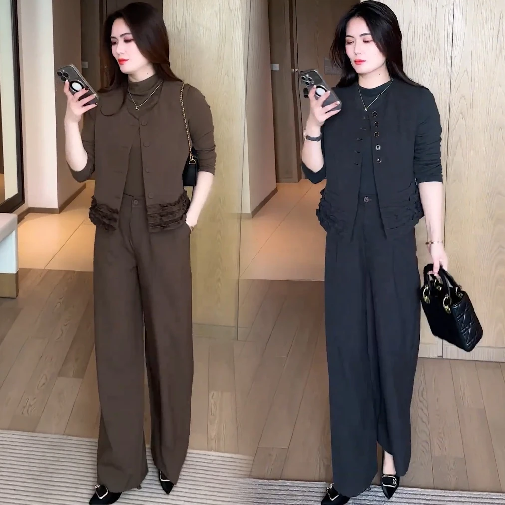 时尚套装女2025秋季新款洋气减龄圆领花边马甲打底衫阔腿裤三件套